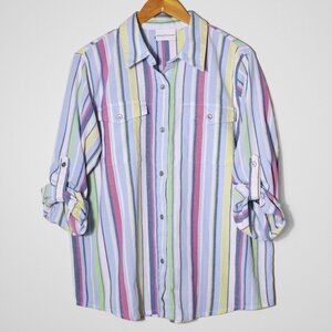 Alfred Dunner Pastel Striped Button Up Shirt Roll Tab Sleeve Coastal Casual L